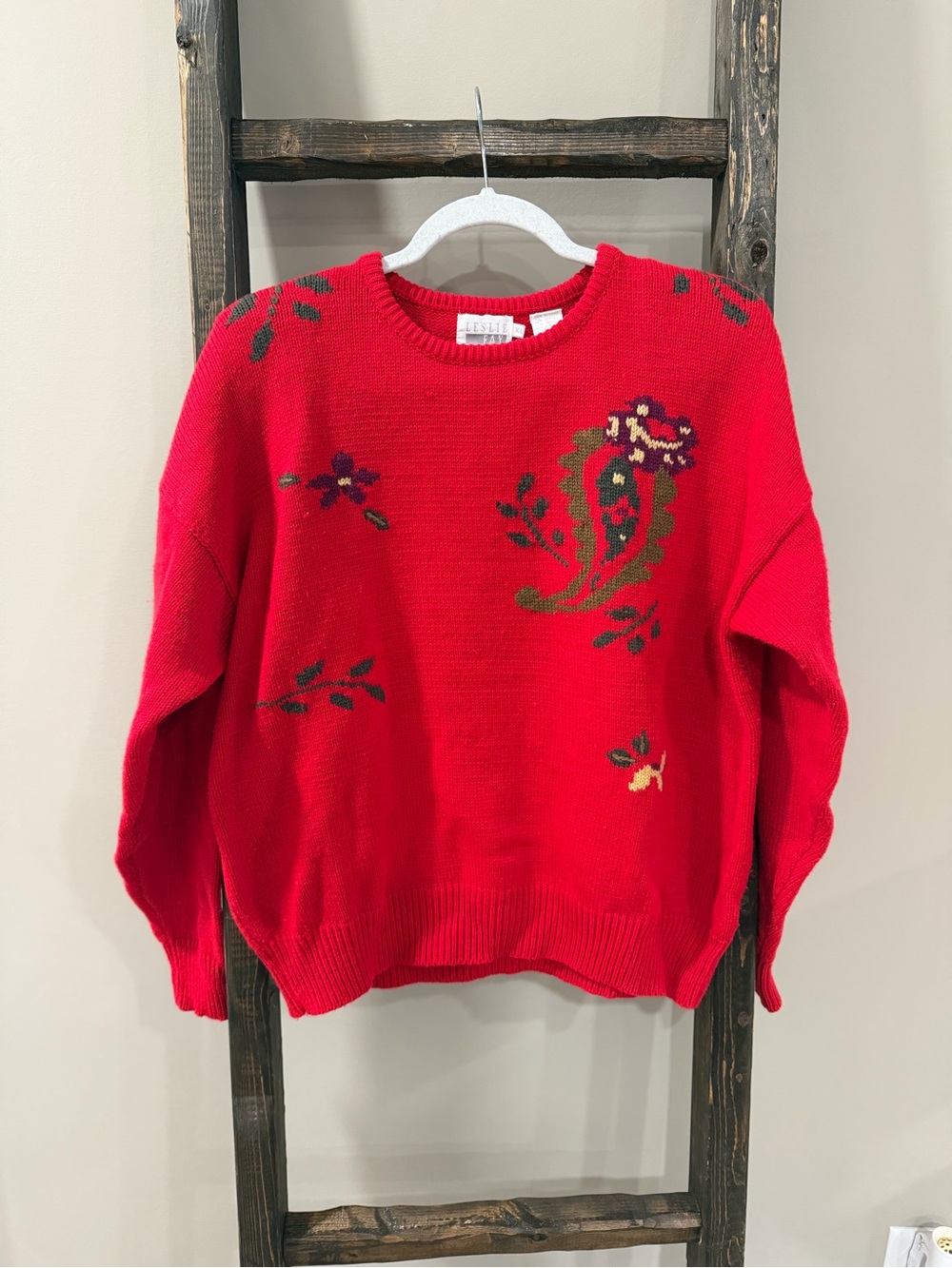 Vintage Leslie Fay Red Acrylic Sweater With Embroidered Floral Design